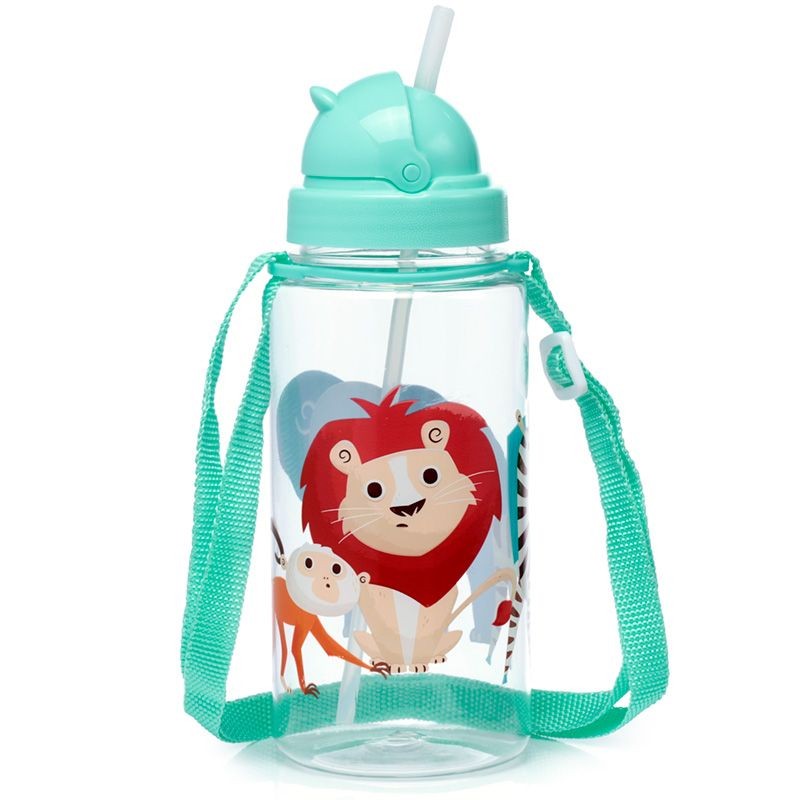 Bouteille Gourde Enfant 450ml avec Paille & Cordon - Animaux safari du Zoo