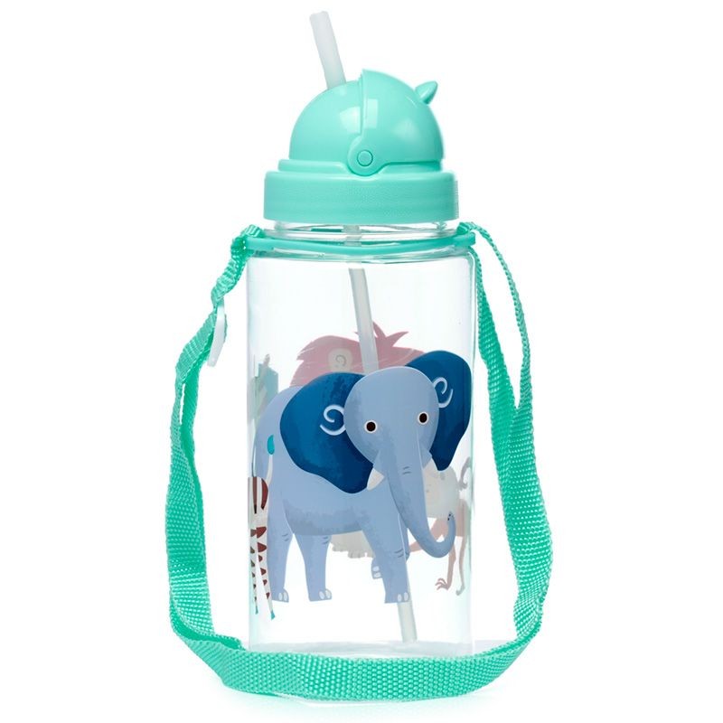 Bouteille Gourde Enfant 450ml avec Paille & Cordon - Animaux safari du Zoo