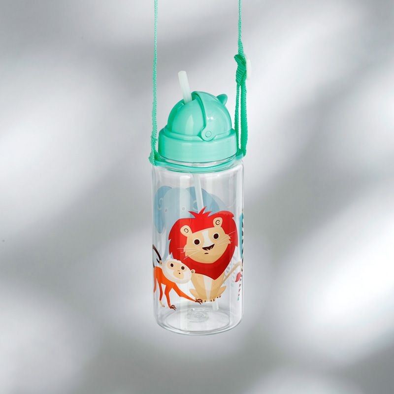 Bouteille Gourde Enfant 450ml avec Paille & Cordon - Animaux safari du Zoo