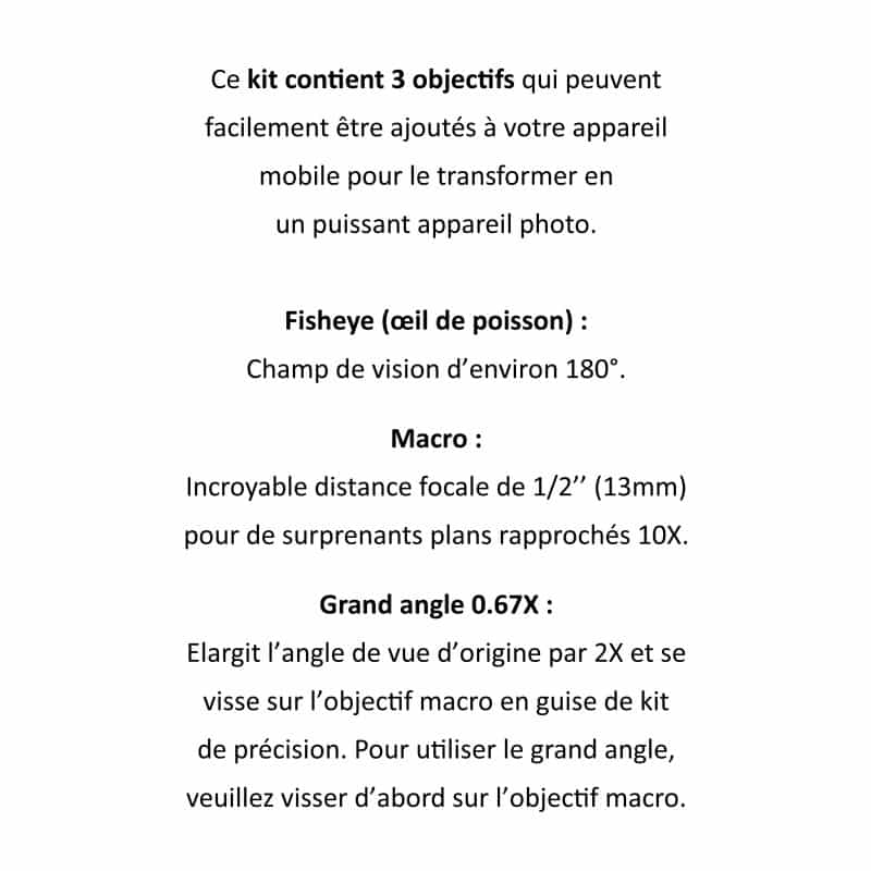 Kit de 3 lentilles pour caméra téléphone portable