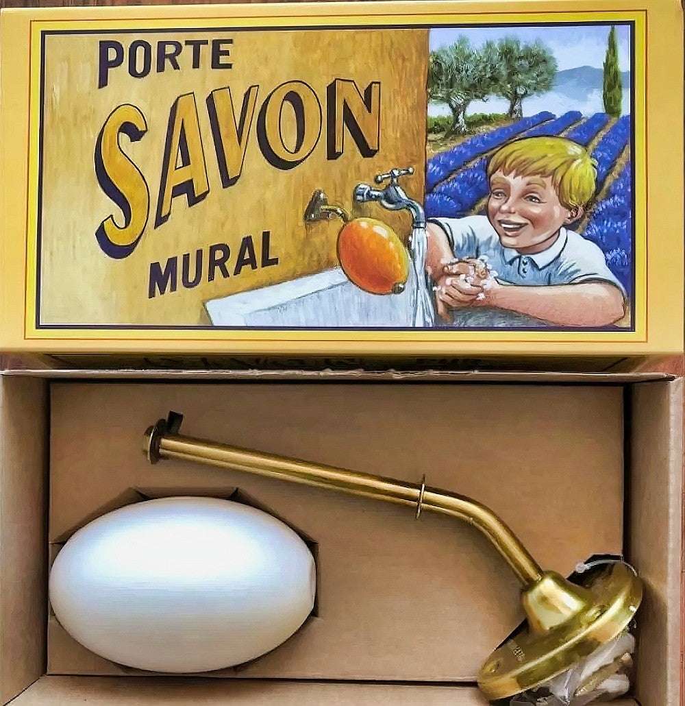 Porte-savon mural rotatif d’écolier avec savon pur végétal – Fabriqué en France. Un accessoire vintage et pratique pour une hygiène authentique au quotidien.