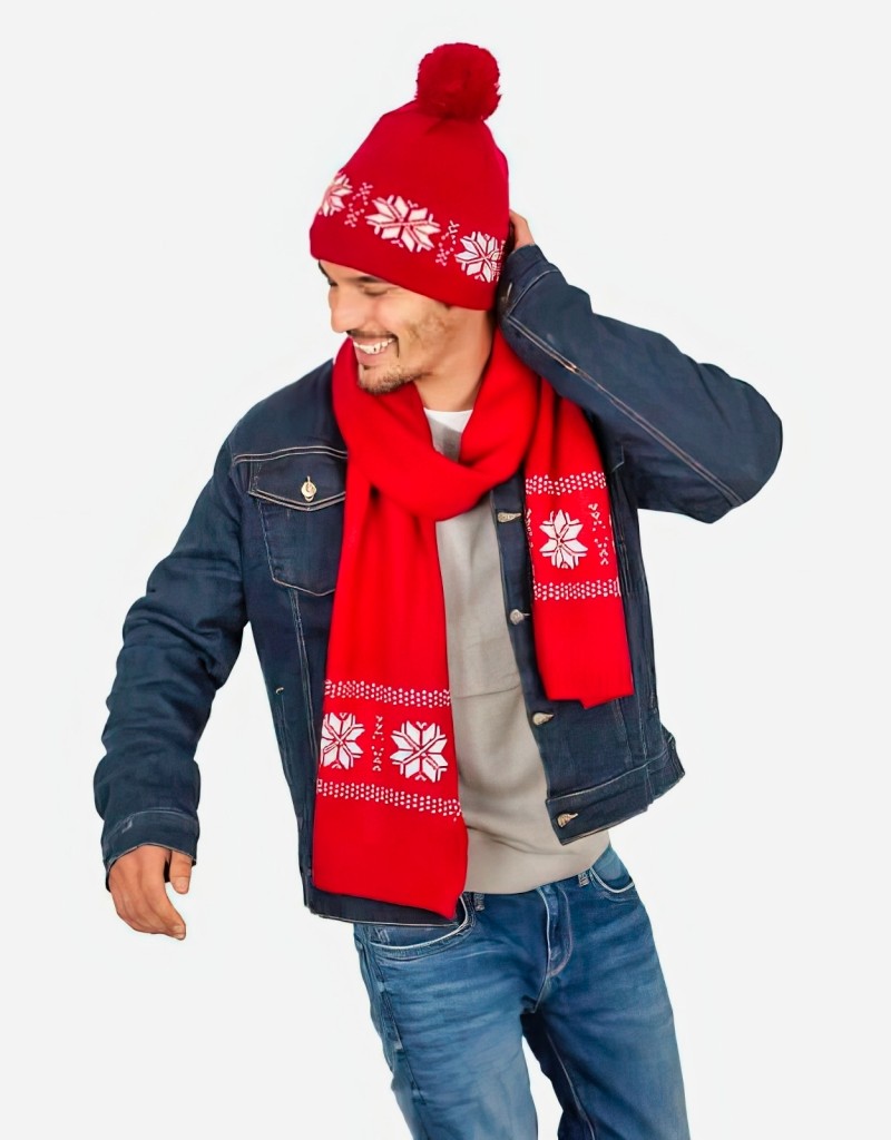 Ensemble Bonnet et Echarpe rouge flocons