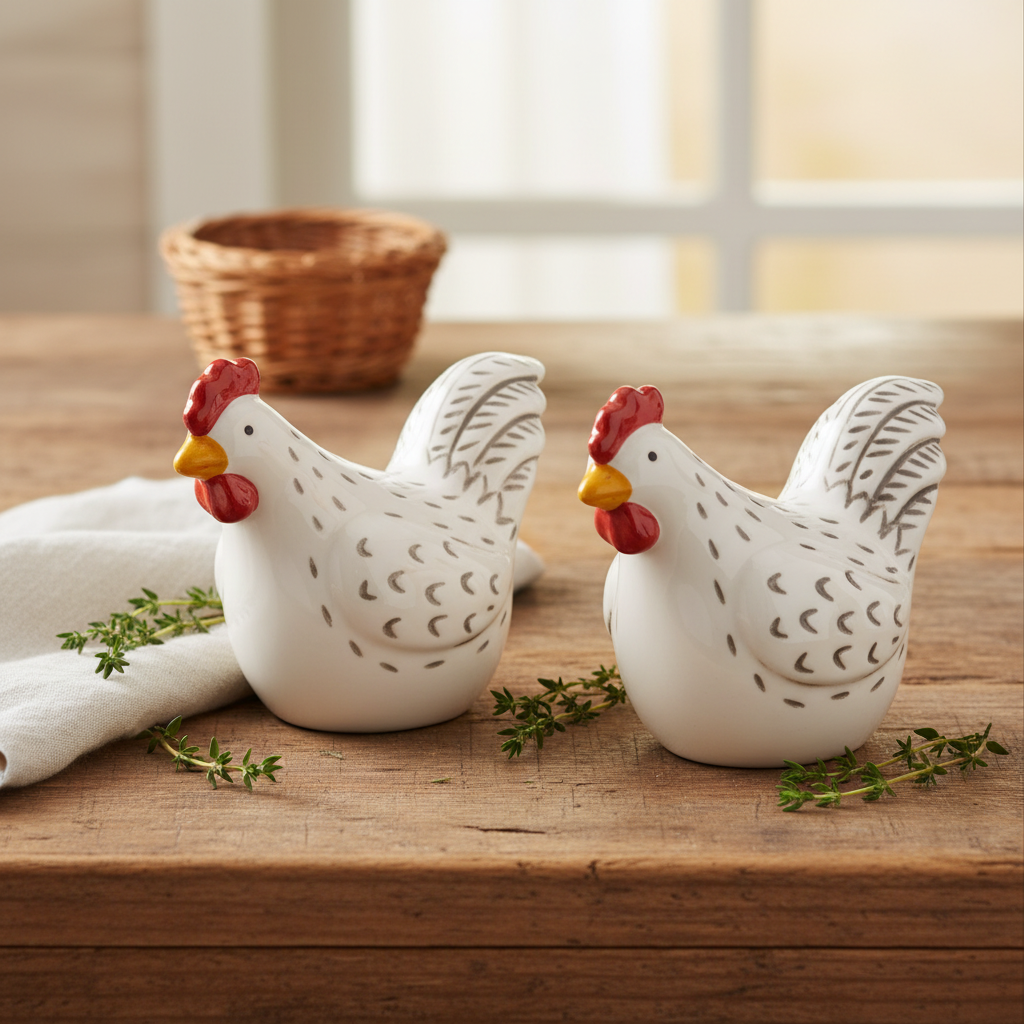 Salière poivrière poule céramique blanche - set 2 pièces - décoration cuisine rustique campagne

