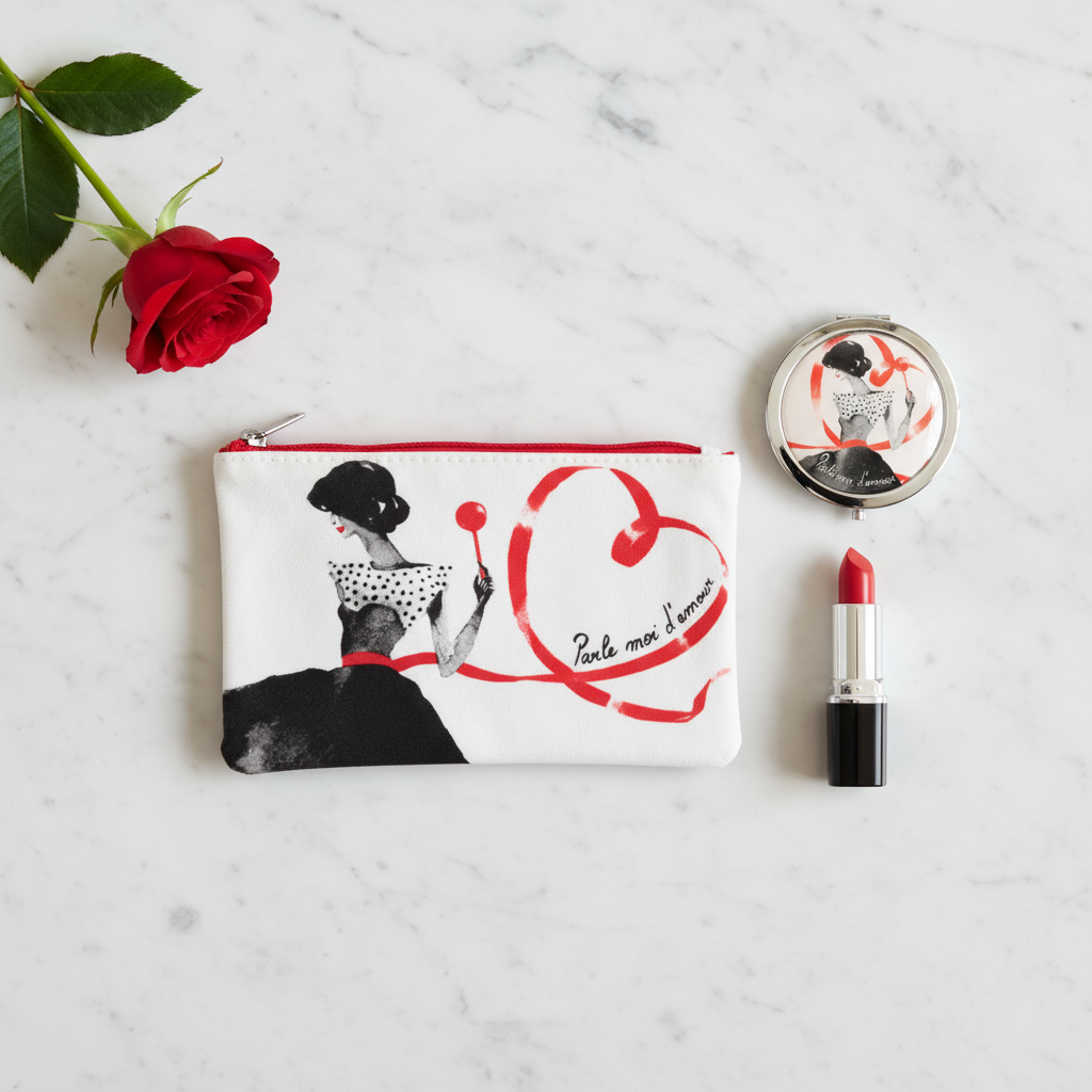 Trousse maquillage et miroir compact rétro français Parle moi d'amour - cadeau femme élégant 
