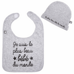Ensemble Bavoir et bonnet bébé "Je suis le plus beau bébé du monde"