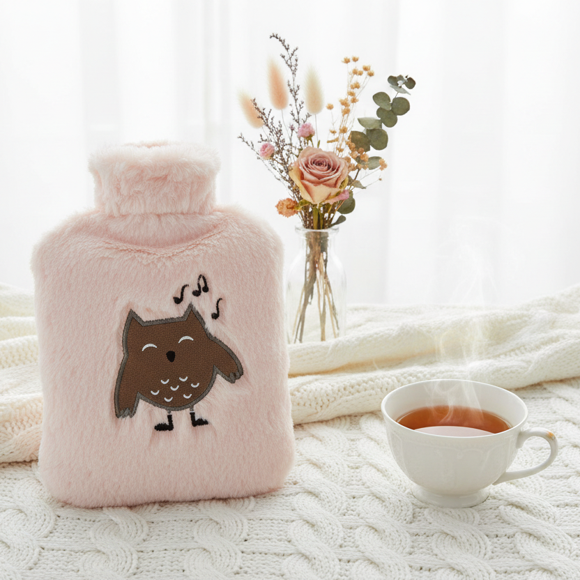 Bouillotte chouette peluche rose pâle posée sur un plaid blanc douillet, ambiance cocooning lumineuse 