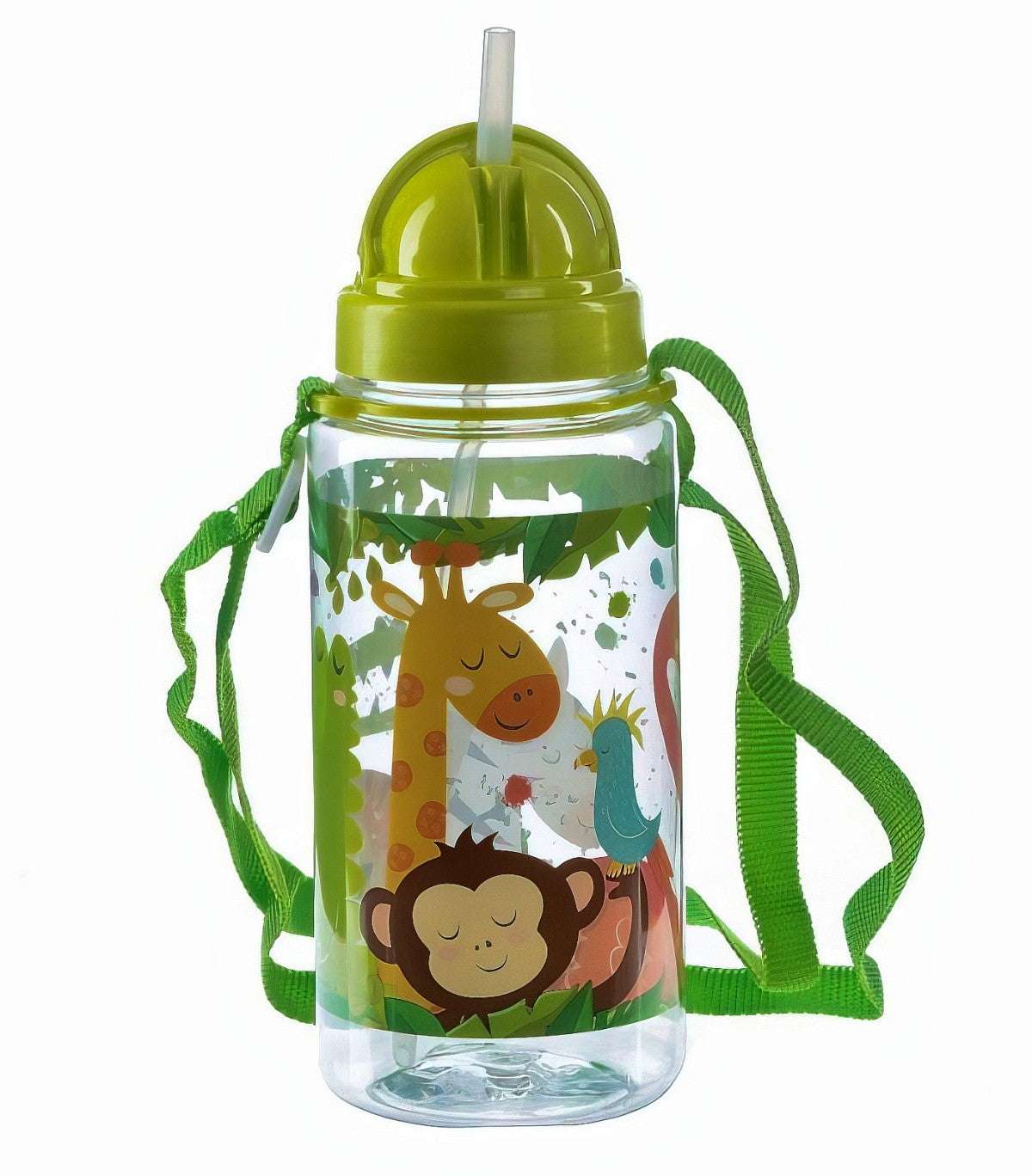 Bouteille Gourde Enfant 450ml avec Paille & Cordon - Animaux du Zoo