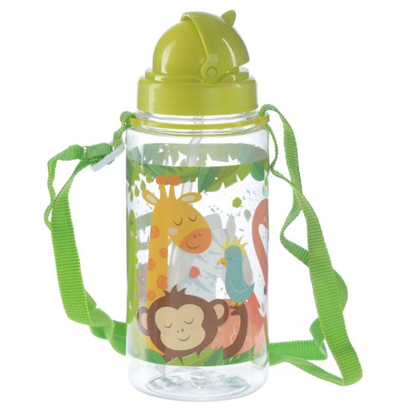Bouteille Gourde Enfant 450ml avec Paille & Cordon - Animaux du Zoo