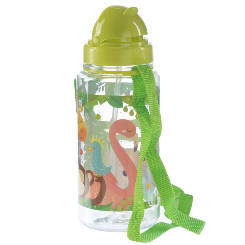 Bouteille Gourde Enfant 450ml avec Paille & Cordon - Animaux du Zoo