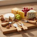 Coffret 4 couteaux à fromages bois et métal sur planche avec fromages et fruits — Cadeau gastronomie BARBACADO