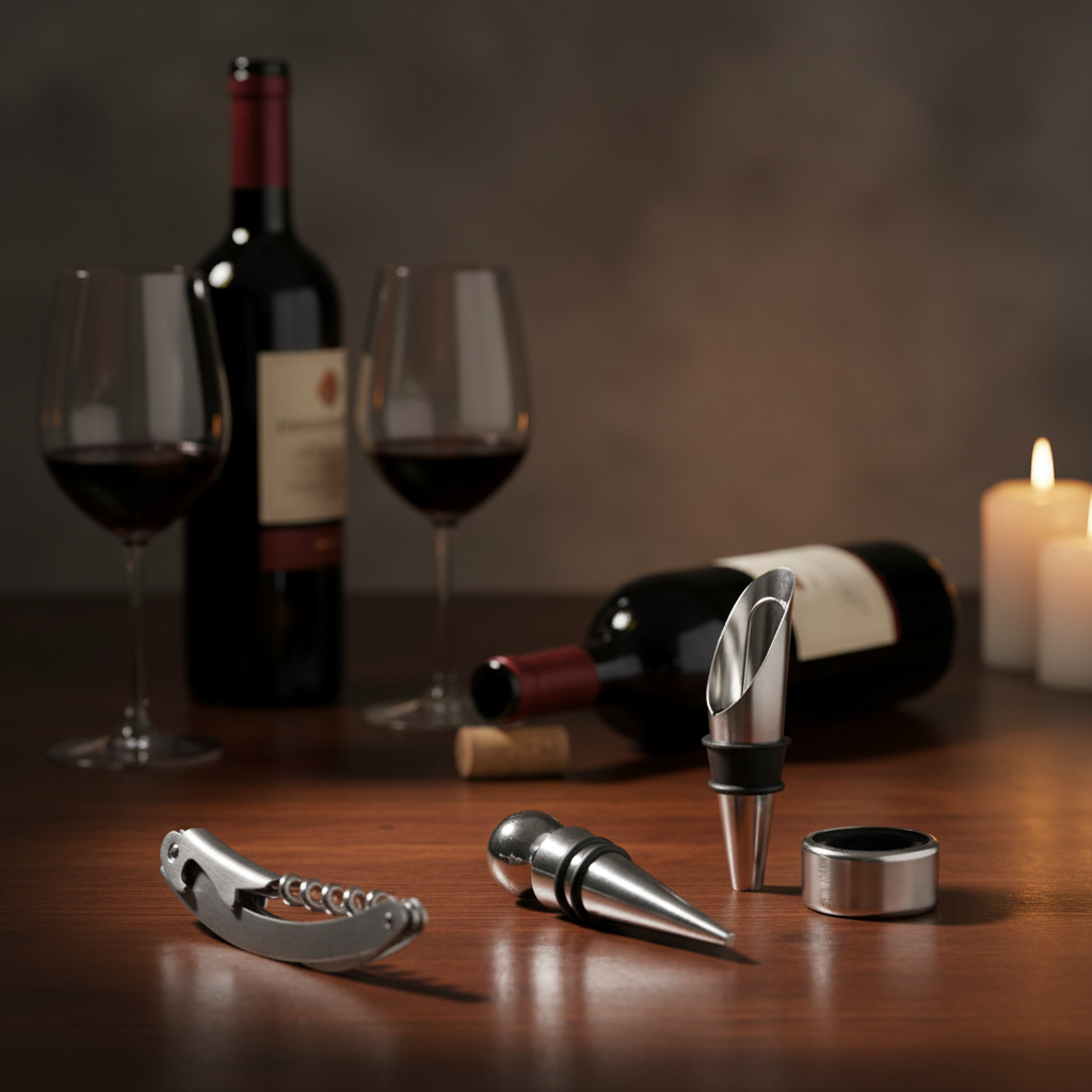 Coffret œnophile 4 accessoires acier inoxydable : tire-bouchon limonadier, bouchon, bec verseur et bague anti-gouttes