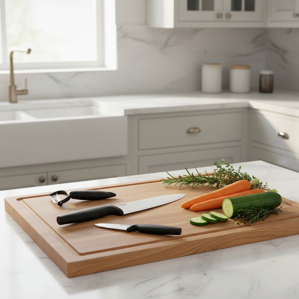 Couteaux de cuisine céramiques et éplucheur sur planche à découper en bois avec légumes frais - Set 3 pièces Kitchen Artist