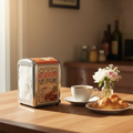 Distribueur de serviettes papier métal Café-Croissant style bistrot français, posé sur une table de petit-déjeuner avec café et croissants 