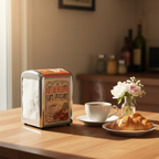 Distribueur de serviettes papier métal Café-Croissant style bistrot français, posé sur une table de petit-déjeuner avec café et croissants 
