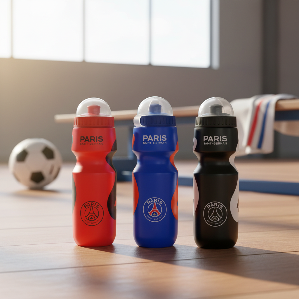 Gourdes de sport PSG 650ml licence officielle Paris Saint-Germain en 3 couleurs rouge bleue et noire — Cadeau fan foot BARBACADO