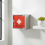 Armoire à pharmacie métal rouge SOS Pharmacie fixée au mur d’une salle de bain blanche, style vintage