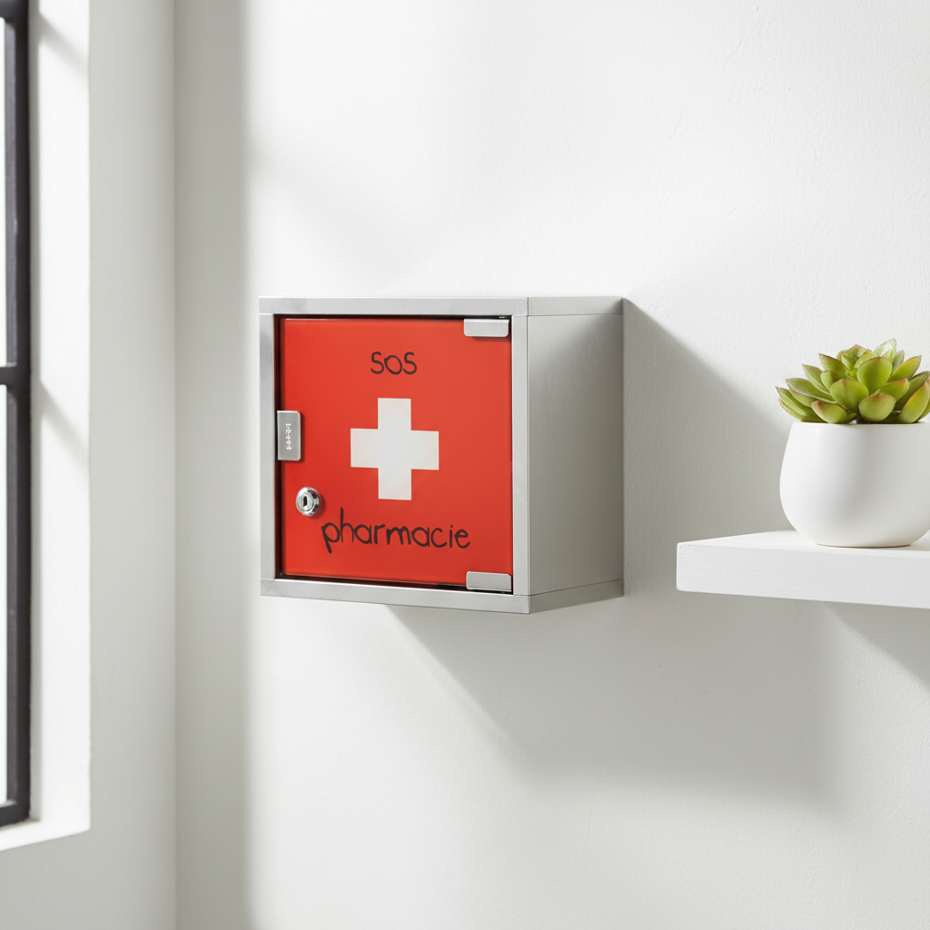 Armoire à pharmacie métal rouge SOS Pharmacie fixée au mur d’une salle de bain blanche, style vintage