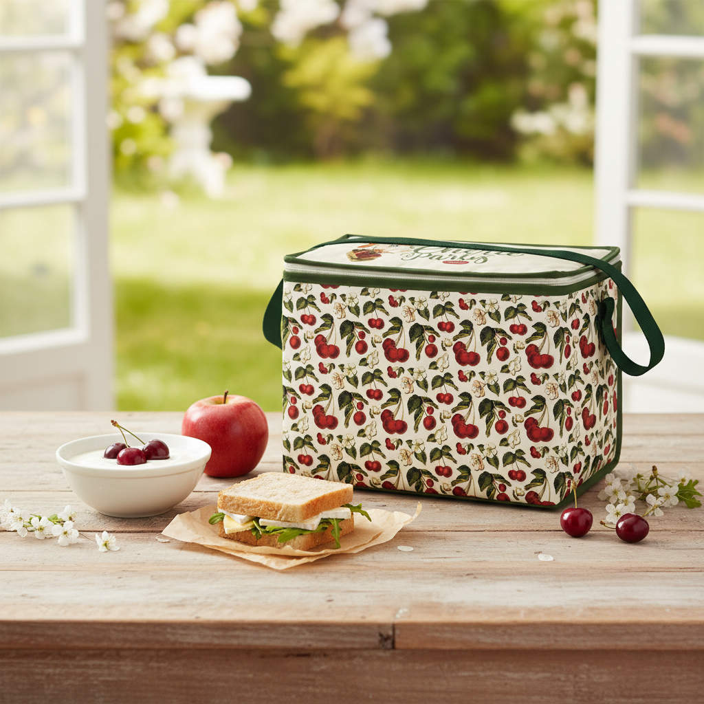 Sac isotherme Chérie Party motif cerises avec yaourt, cerises fraîches et pomme sur table en bois - idéal goûter et pique-nique