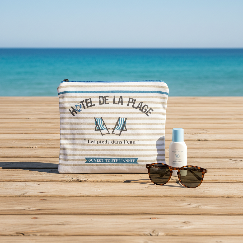 Trousse coton Hôtel de la Plage rayée blanc et beige posée sur promenade en bois au bord de la mer avec lunettes de soleil et crème solaire - accessoire plage original