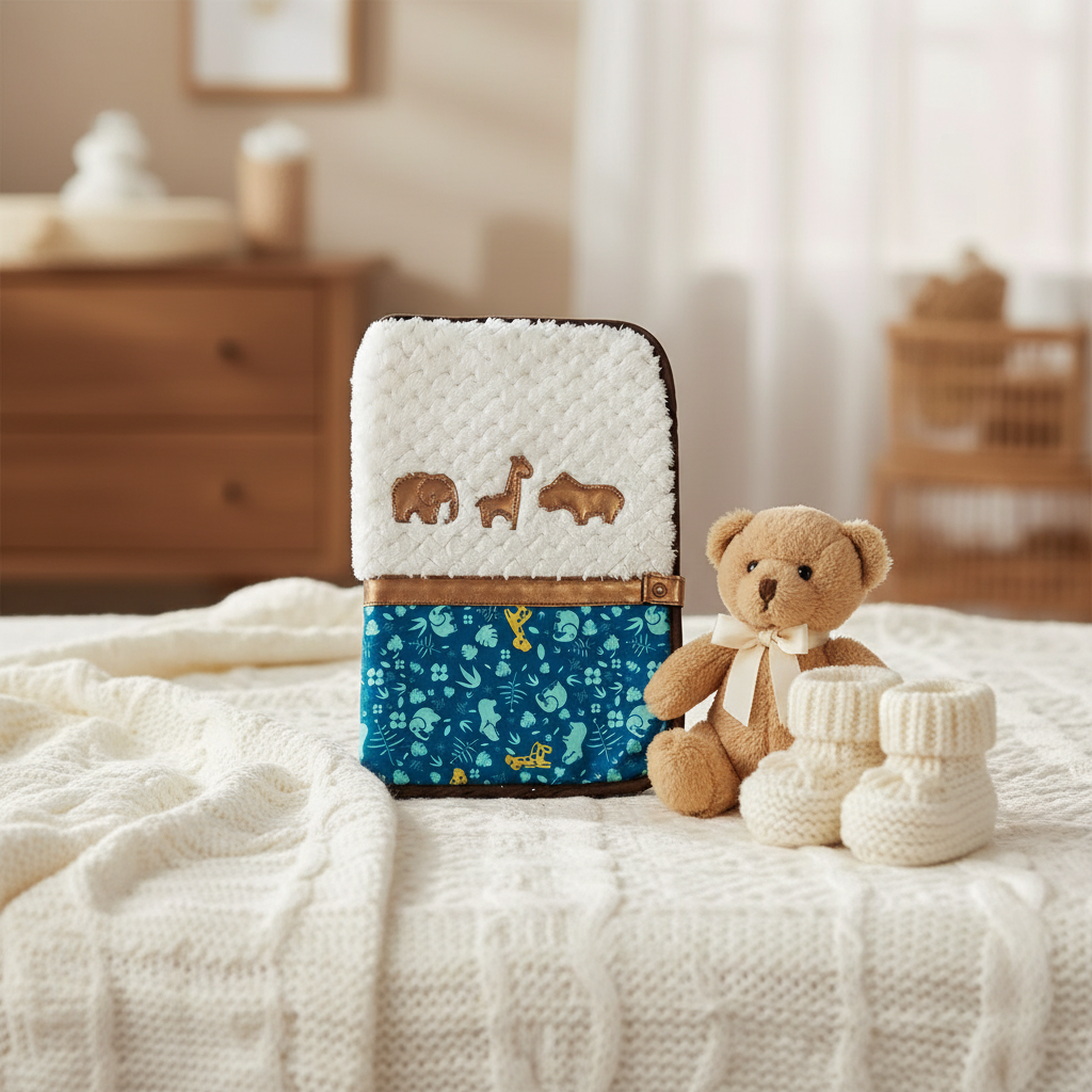 Protège carnet de santé bébé sherpa blanc avec appliques animaux dorés et tissu jungle bleu, posé sur couverture tricot avec ours et chaussons bébé - cadeau naissance original