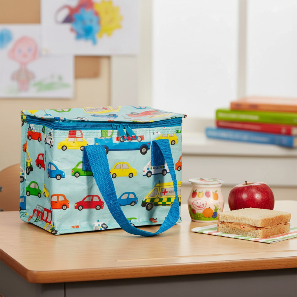 Sac isotherme goûter enfant motif voitures colorées bleu avec yaourt, pomme et sandwich sur bureau d’école - idéal collation et rentrée scolaire