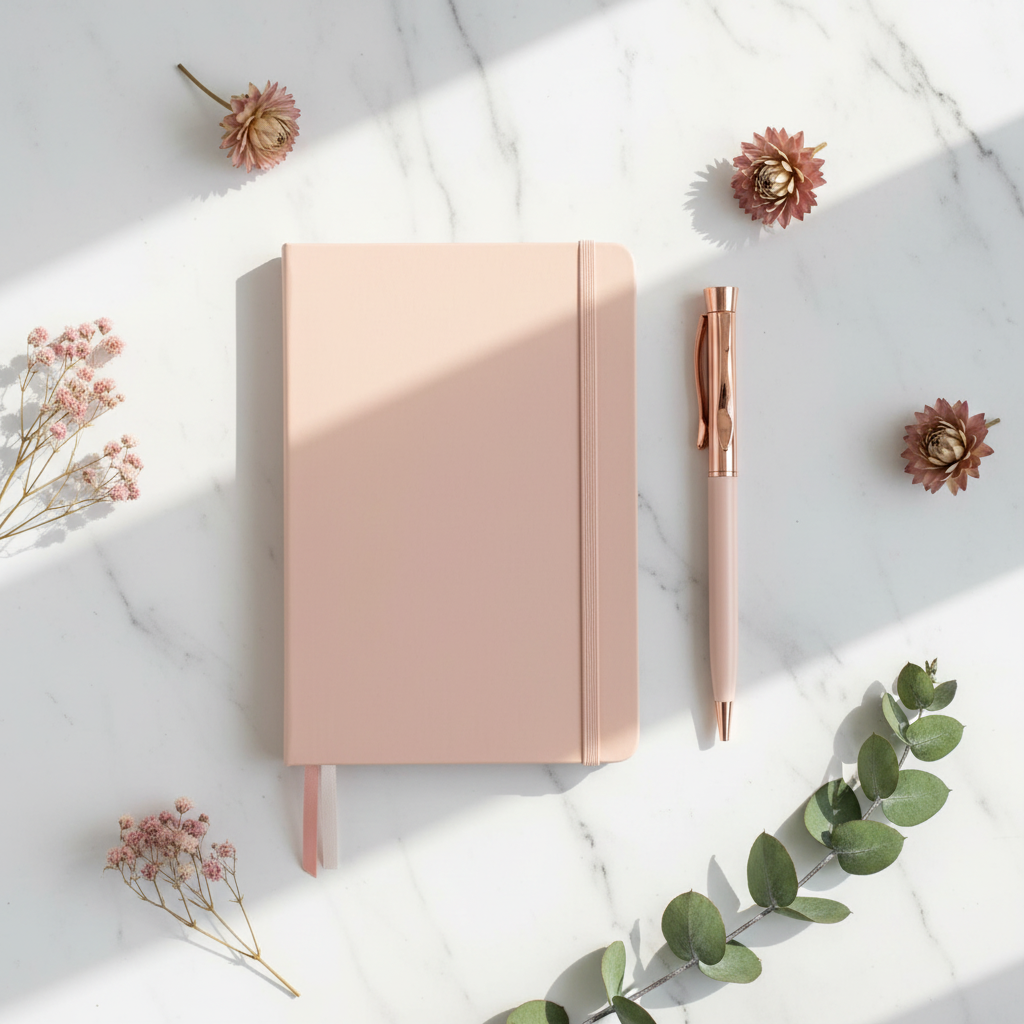 Carnet rose poudré et stylo rose gold posés en flat lay sur marbre blanc - coffret cadeau femme