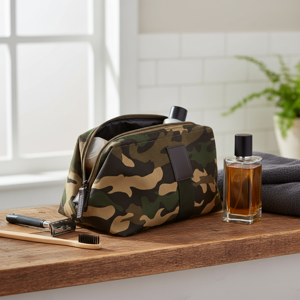 Trousse de toilette homme camouflage kaki grande capacité, ouverte avec rasoir, brosse à dents et cologne sur étagère en bois