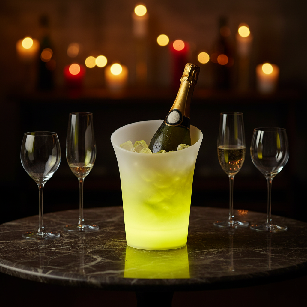 Seau à champagne lumineux LED multicolore avec bouteille de champagne et glace, ambiance soirée chic