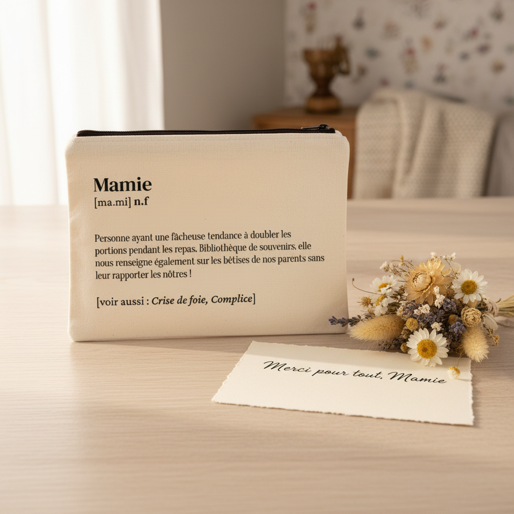 Grande trousse coton naturel Mamie avec définition humoristique, sur table en bois avec fleurs séchées et mot manuscrit - cadeau grand-mère original