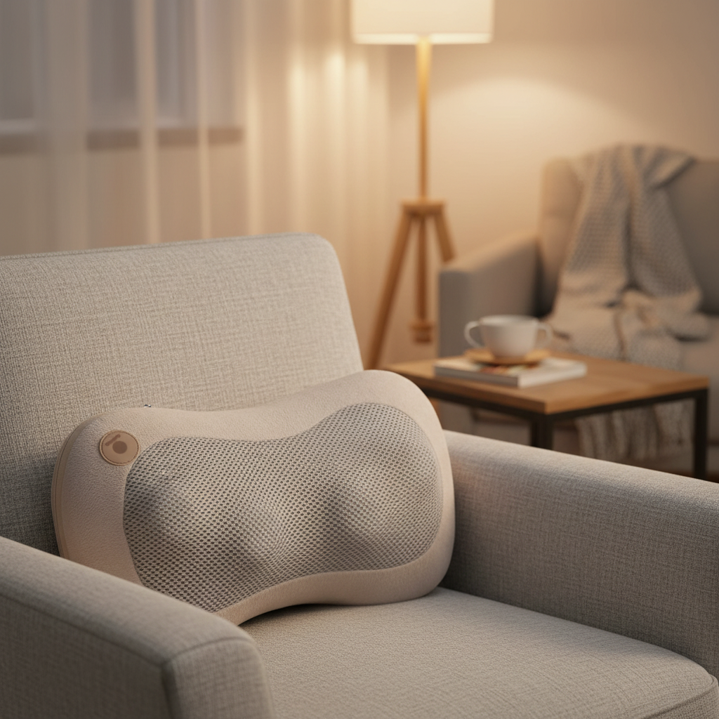 Coussin de massage Shiatsu chauffant beige posé à l’horizontale dans le dossier d’un fauteuil gris clair - relaxation dos et nuque à domicile