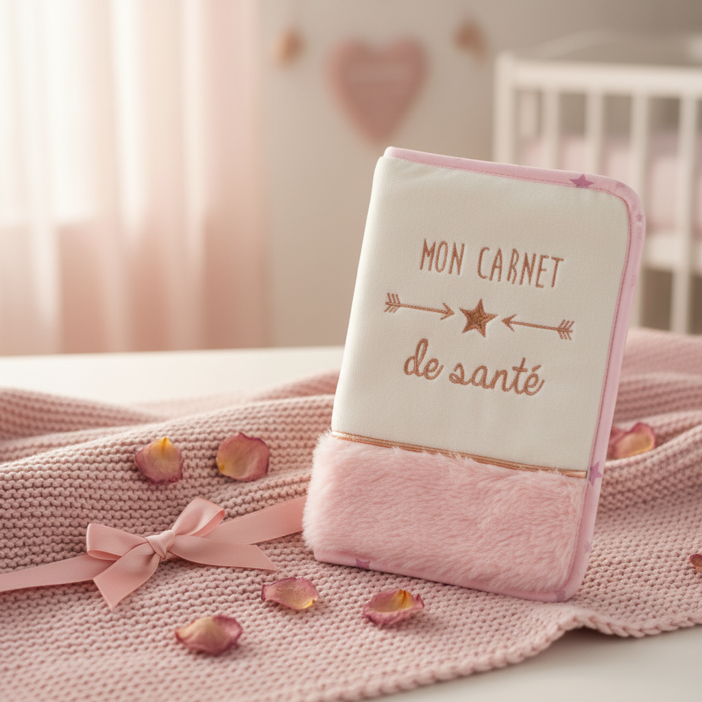 Protège carnet de santé bébé rose velours blanc brodé doré et fourrure rose poudre, posé sur couverture tricot rose avec nœud et pétales de roses - cadeau naissance fille
