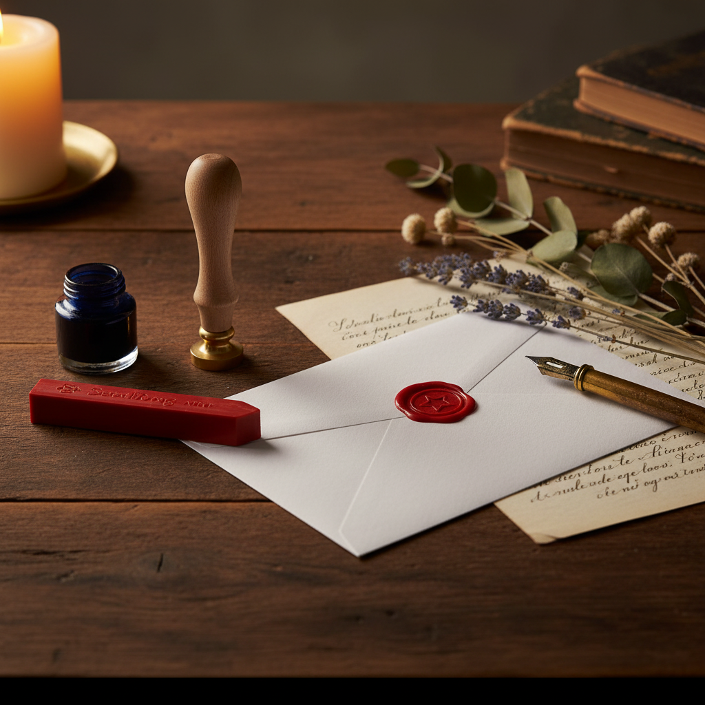 Kit cachet de cire mis en situation sur bureau bois rustique avec enveloppe cachetée, lettre manuscrite, fleurs séchées et plume vintage - ambiance papeterie française