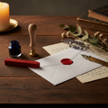 Kit cachet de cire mis en situation sur bureau bois rustique avec enveloppe cachetée, lettre manuscrite, fleurs séchées et plume vintage - ambiance papeterie française