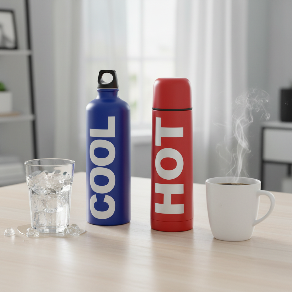 Coffret duo bouteille isotherme rouge HOT 500ml et bidon bleu COOL 750ml côte à côte — cadeau original chaud et froid