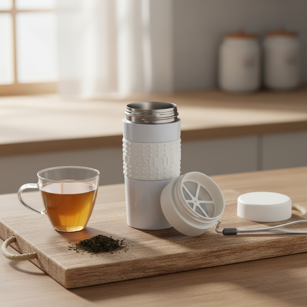 Mug de voyage isotherme blanc avec filtre à thé en acier inoxydable, dragonne et thé en feuilles — 360ml sans BPA