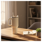  Mug isotherme XXL 1,1L crème avec couvercle anti-fuite et paille — acier inox 304, 3h chaud 6h froid 
