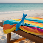 pinces à serviette de plage en forme de dauphin bleu, queue en haut, fixées sur le bord d'une serviette colorée sur transat — accessoire plage original
