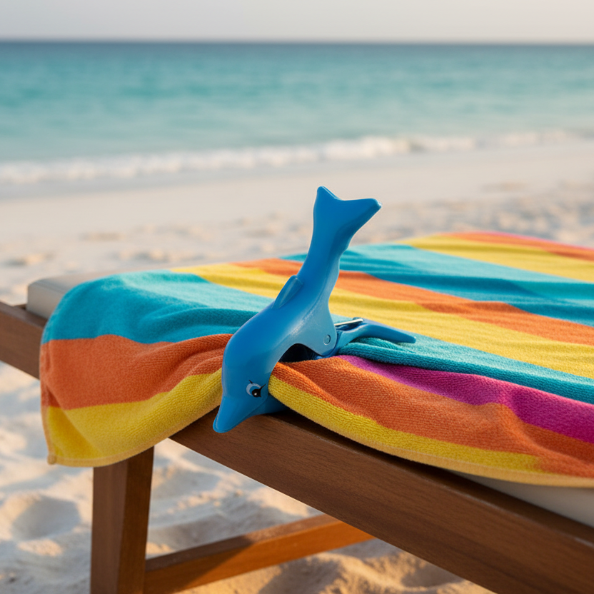 pinces à serviette de plage en forme de dauphin bleu, queue en haut, fixées sur le bord d'une serviette colorée sur transat — accessoire plage original