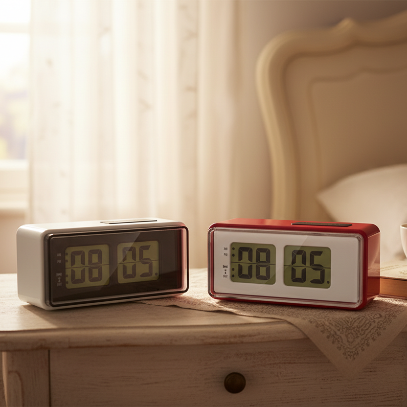 Réveil horloge vintage digital blanc et rouge mis en scène sur table de nuit en bois, ambiance chambre cosy