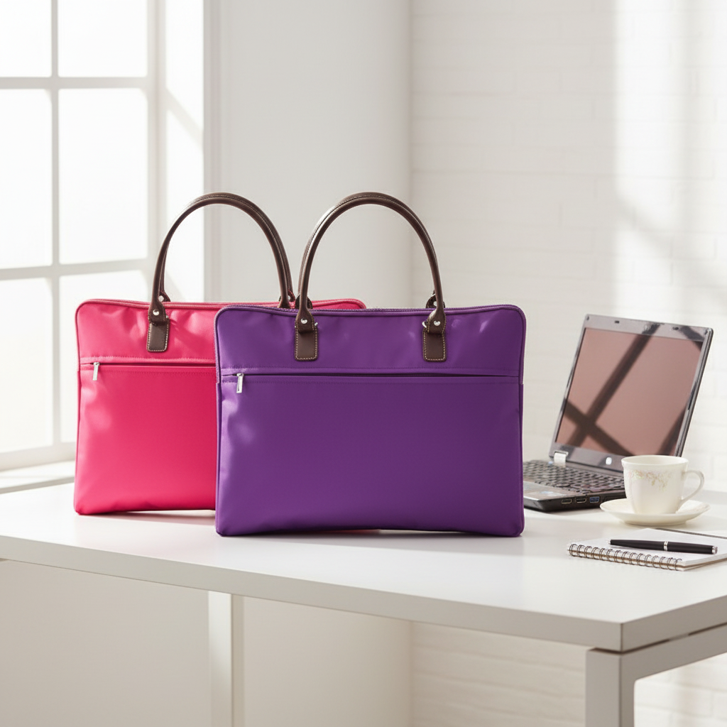 Sacoche ordinateur rose et violet mise en situation