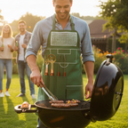 Tablier barbecue design terrain de football vert porté au barbecue en jardin, avec fourchette et accessoires à manches bois — cadeau original fan de foot