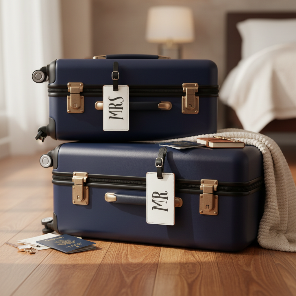 Duo étiquettes de bagage Mrs et Mr blanches en PU attachées à deux valises — cadeau original couple voyage mariage