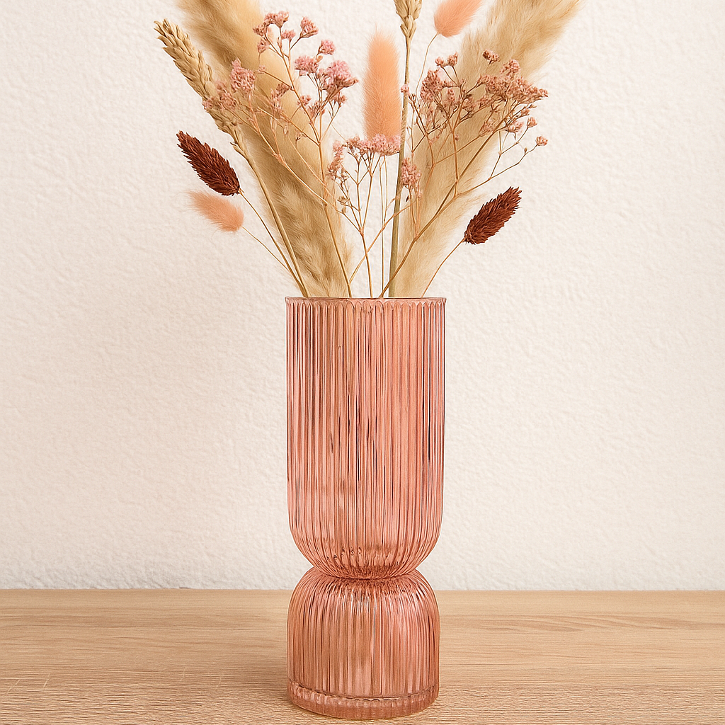 vase cylindrique en verre rose poudré, 26 cm de haut, posé sur une surface claire avec lumière naturelle. Idéal pour compositions florales modernes et ambiances douces.