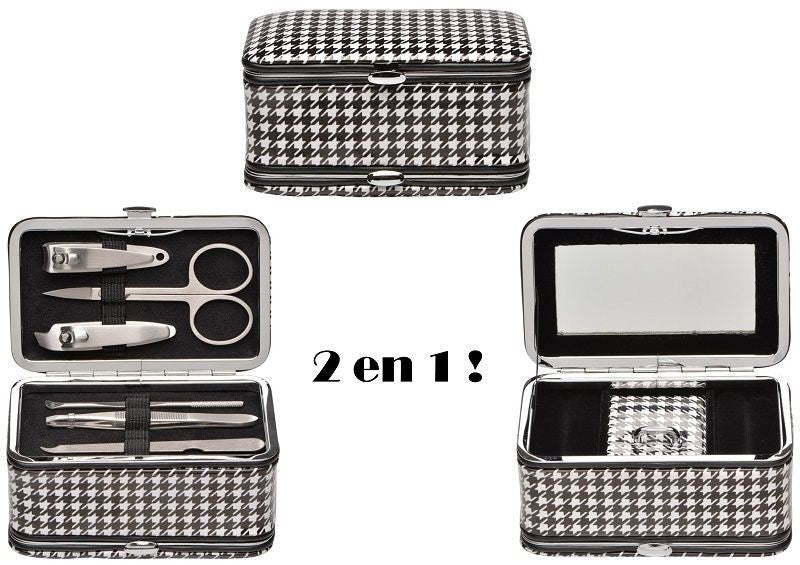 Boîte à Bijoux et Set Manucure 2 en 1 - Pied de Poule Noir Blanc
